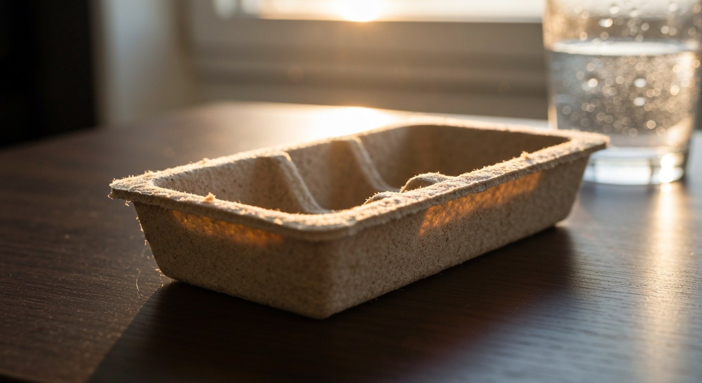Mycelium Biodegradable Packaging Prototype A biodegradable mycelium packaging insert on a wooden desk with soft golden hour lighting and organic textures.