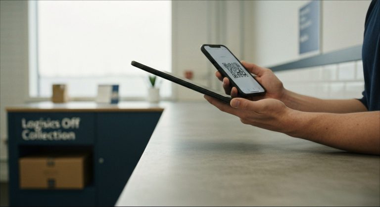 A person presenting a digital QR code for a box-free return at a shipping counter.