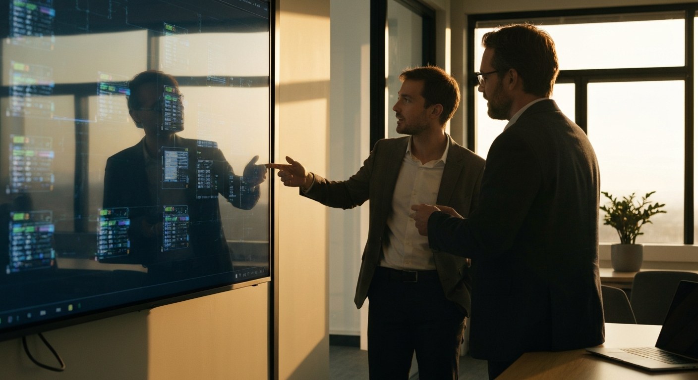 Two professionals discussing data visualizations on a large screen in a sunlit office.