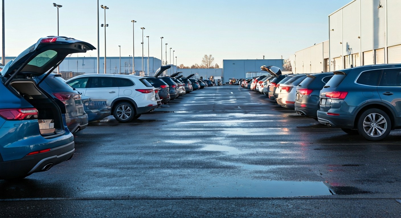 Peak Holiday Logistics Depot A busy warehouse loading zone with cars lined up and drivers organizing packages in the early morning mist.