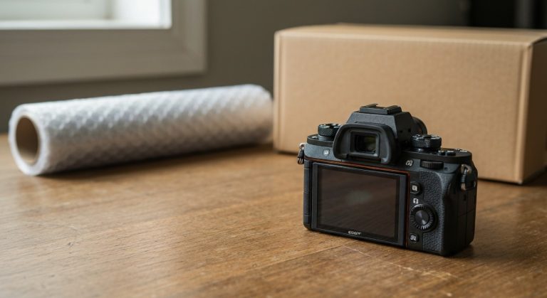 A black mirrorless camera body on a wooden desk next to bubble wrap, showing a product ready for return without its box.