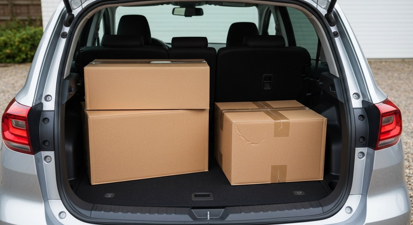 Delivery Vehicle Trunk Loaded with Packages The open trunk of a silver car packed with various cardboard shipping boxes in a suburban driveway.