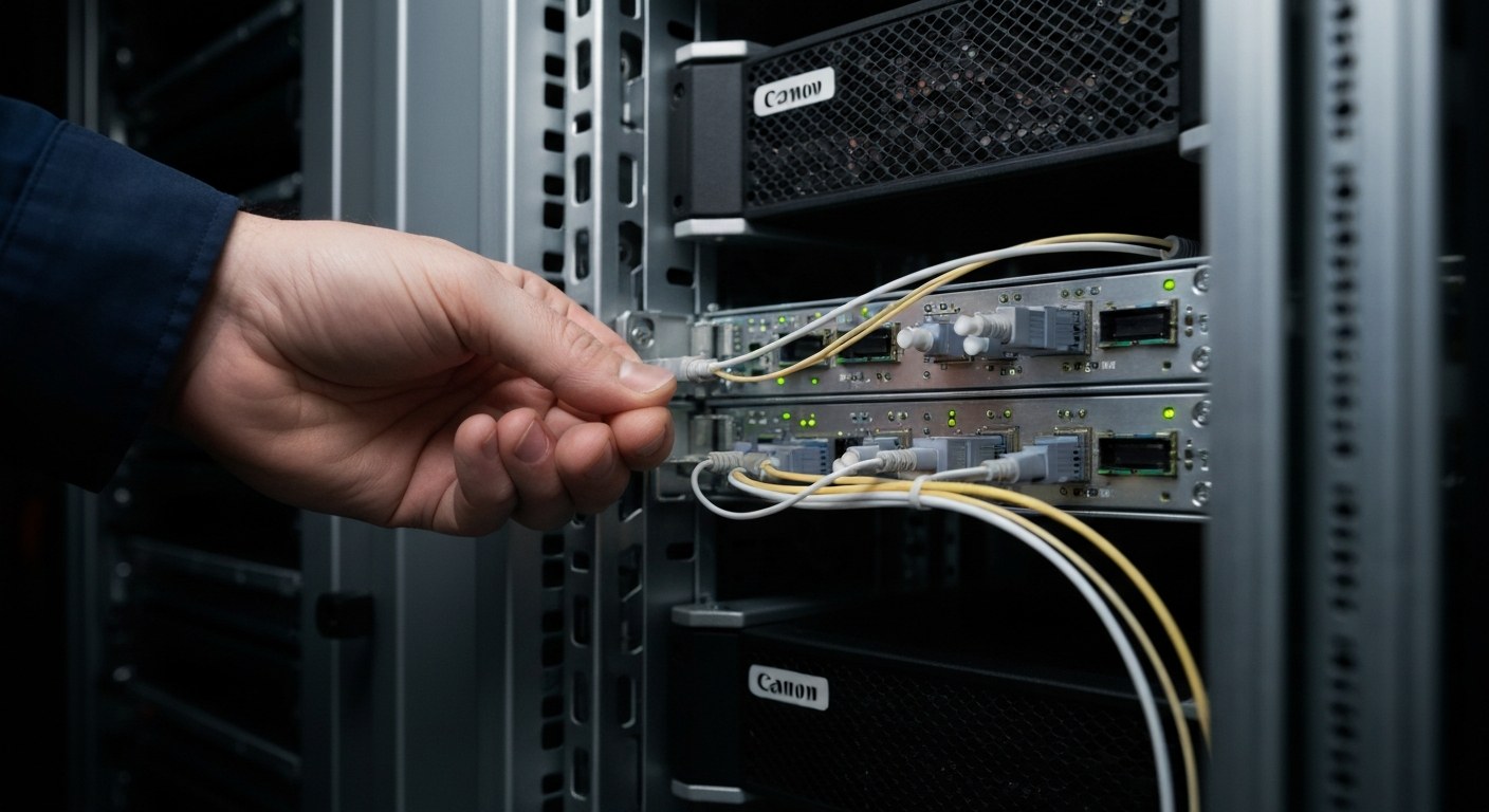 High-Speed Data Infrastructure CDC Close-up of a technician's hand connecting fiber optic cables in a modern server room with metallic textures.