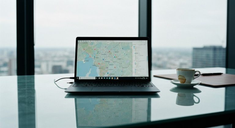A modern minimalist executive desk with a laptop displaying a map, an espresso cup, and a city view through a window.