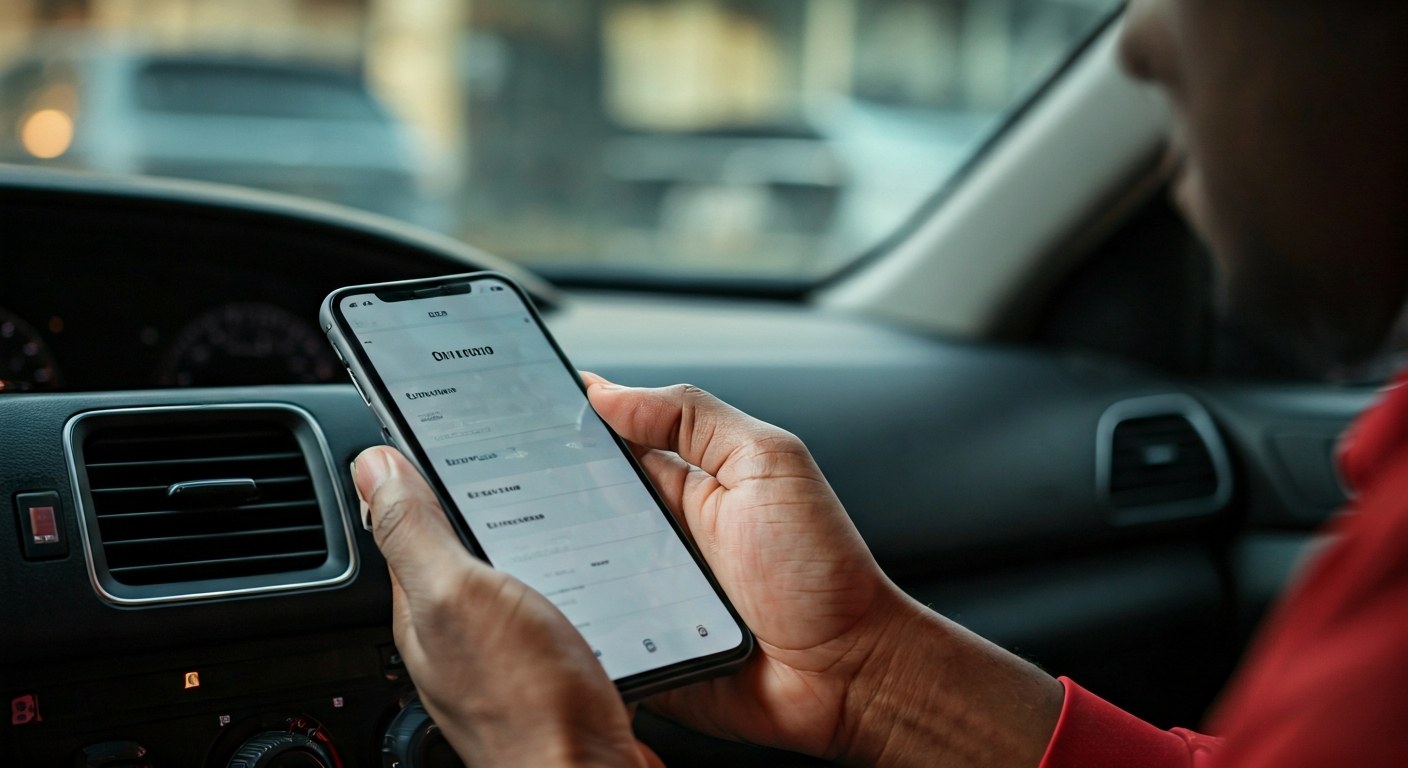 Driver checking delivery app on a smartphone inside a vehicle.