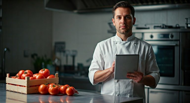 A professional chef in a white tunic holds a tablet near a crate of fresh tomatoes on a stainless steel table.