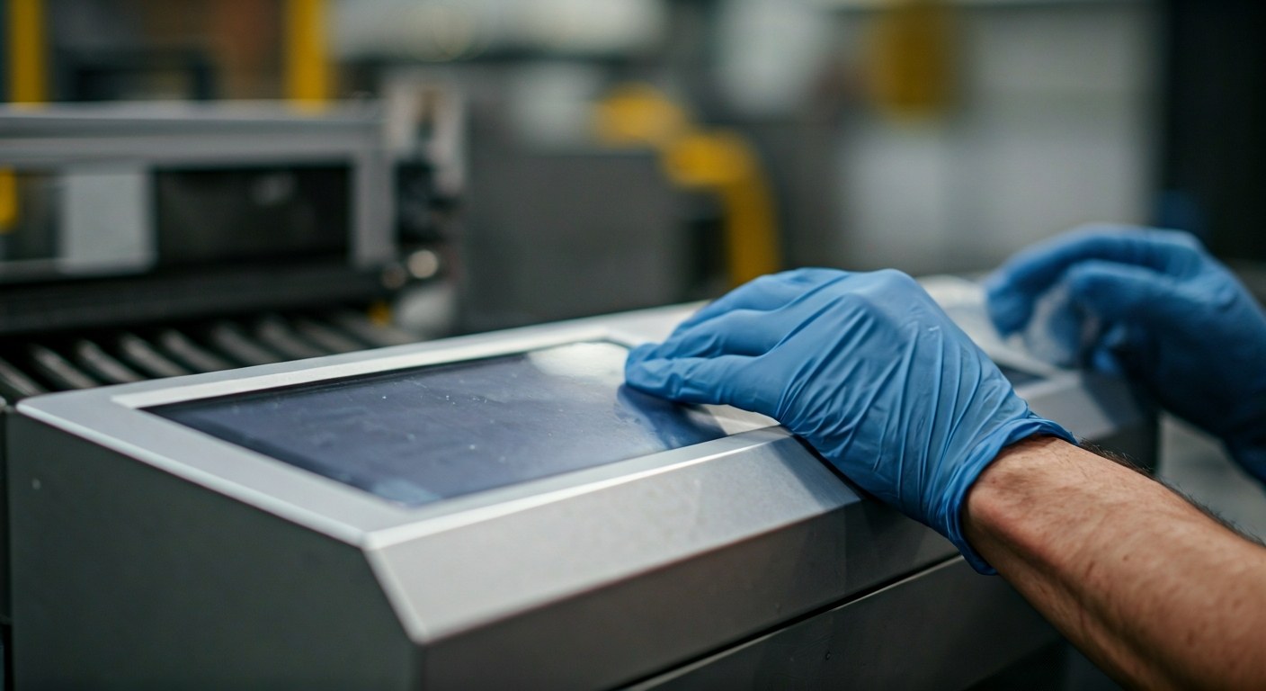 Sanitizing High-Touch Warehouse Technology Close-up of a worker's hands in blue gloves cleaning a digital control panel on a large industrial sorting machine.
