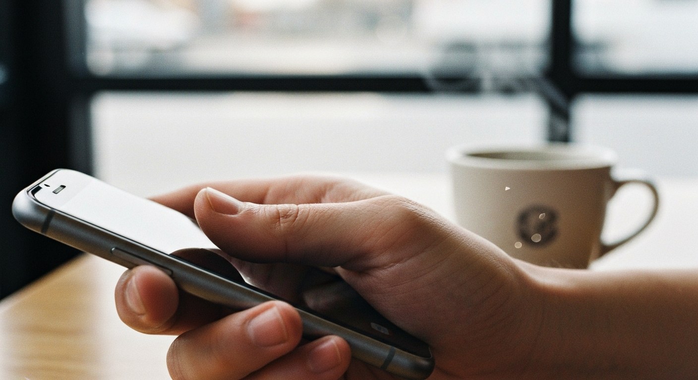 Checking Delivery App for Surge Pricing Close-up of a hand holding a smartphone in a bright room with soft natural lighting and realistic skin detail.