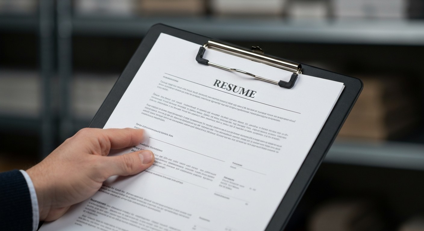 Warehouse Resume Preparation Close-up of a person holding a resume on a clipboard in a warehouse setting.