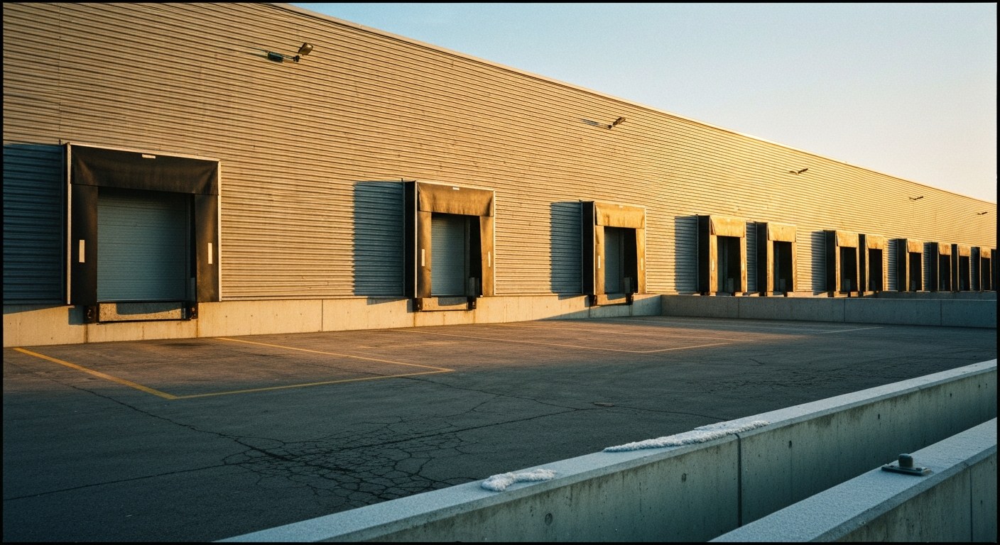 Closed Logistics Warehouse Christmas Day A quiet, empty delivery warehouse loading dock at sunrise on a frosty Christmas morning.