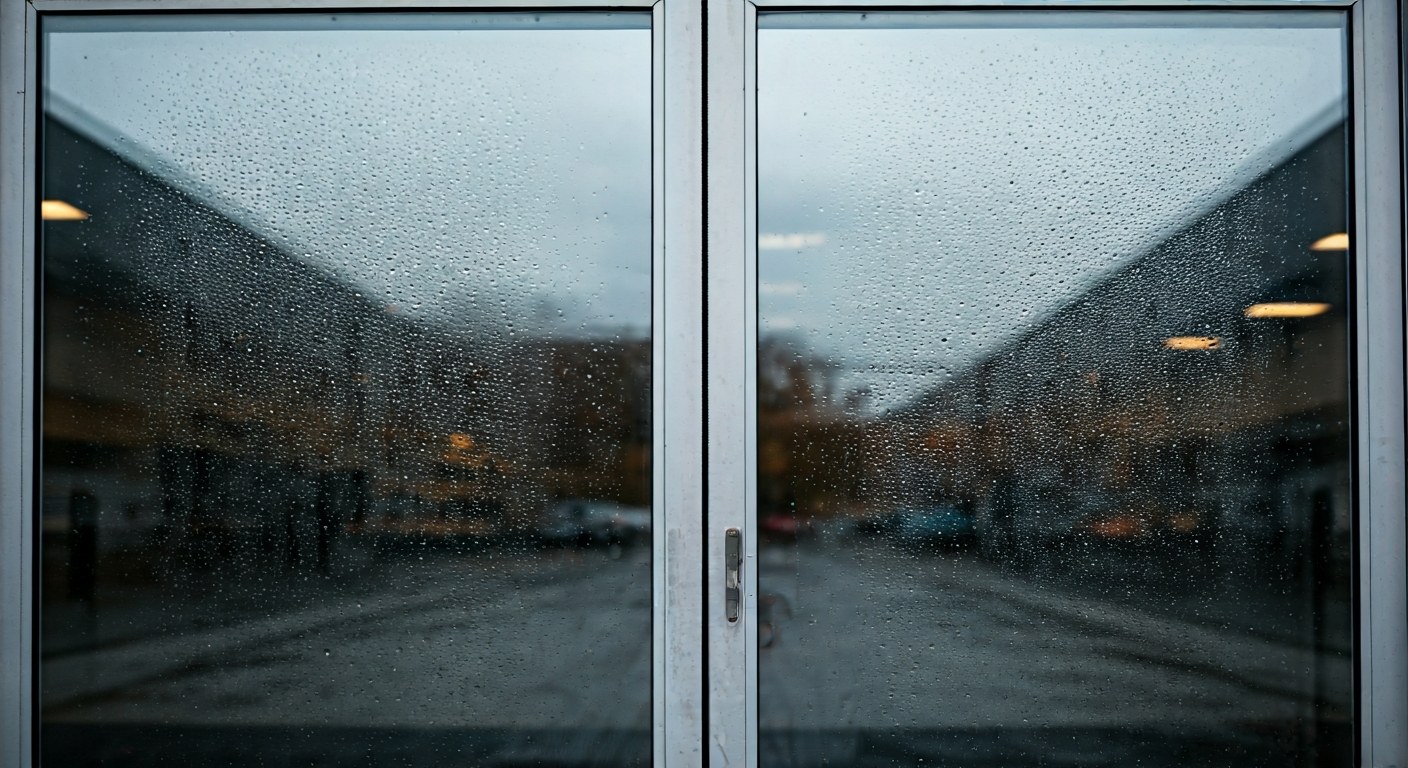 Closed Storefront Entrance A closed, quiet glass storefront door on a gloomy day, representing the suspension of retail activity.