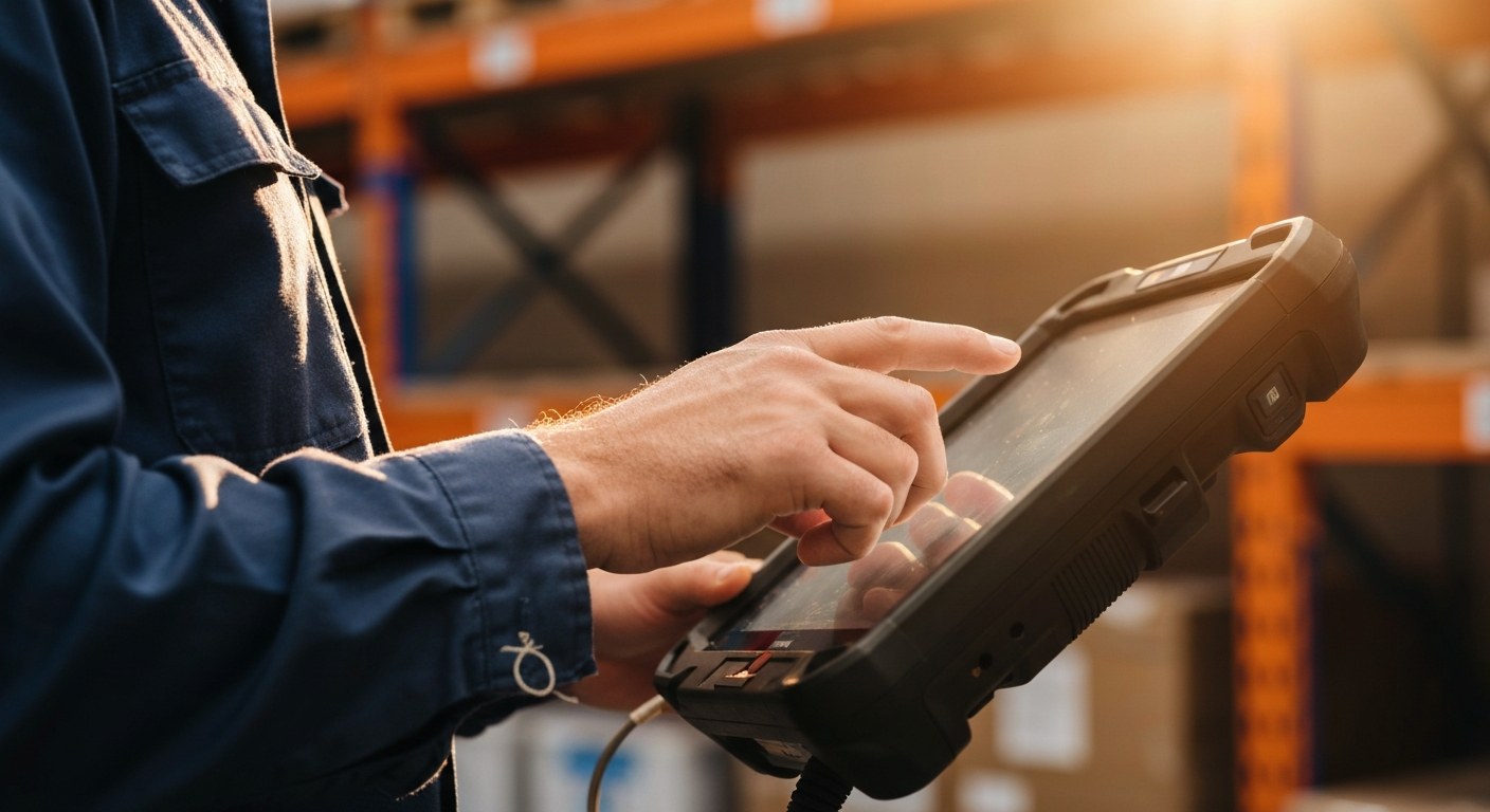 Cloud Inventory Management Technology Close-up of a person holding a rugged digital tablet in a warehouse during golden hour.
