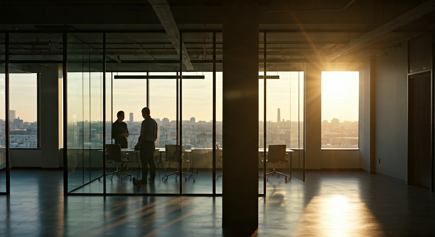 The Rise of Cloud-Native Data Lakehouses Two professionals collaborating in a bright, modern office with glass partitions.