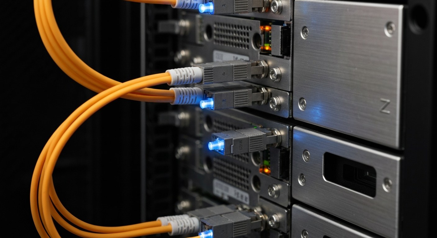 High-Performance Data Infrastructure Detail Close-up of glowing fiber optic cables and brushed metal server components in a data center.