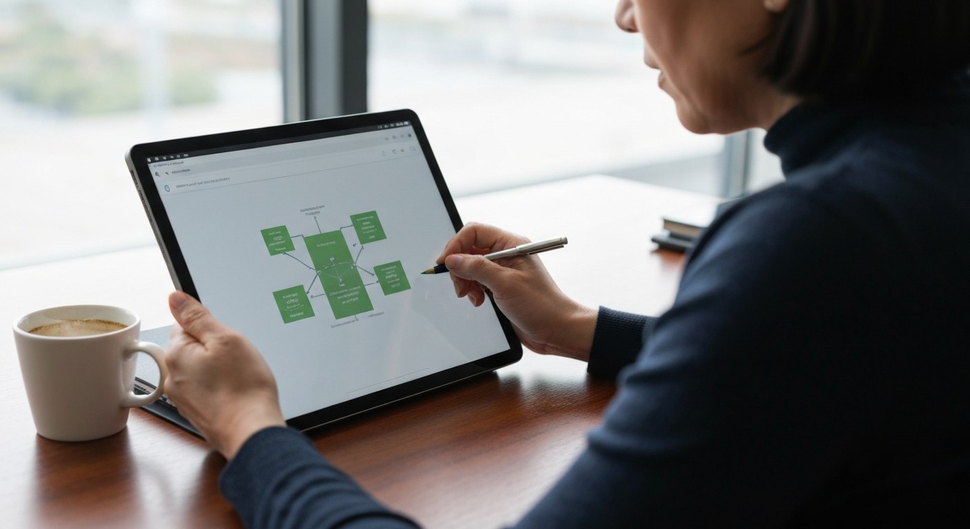 A professional architect reviews a cloud data diagram on a tablet in a sunlit modern office setting.