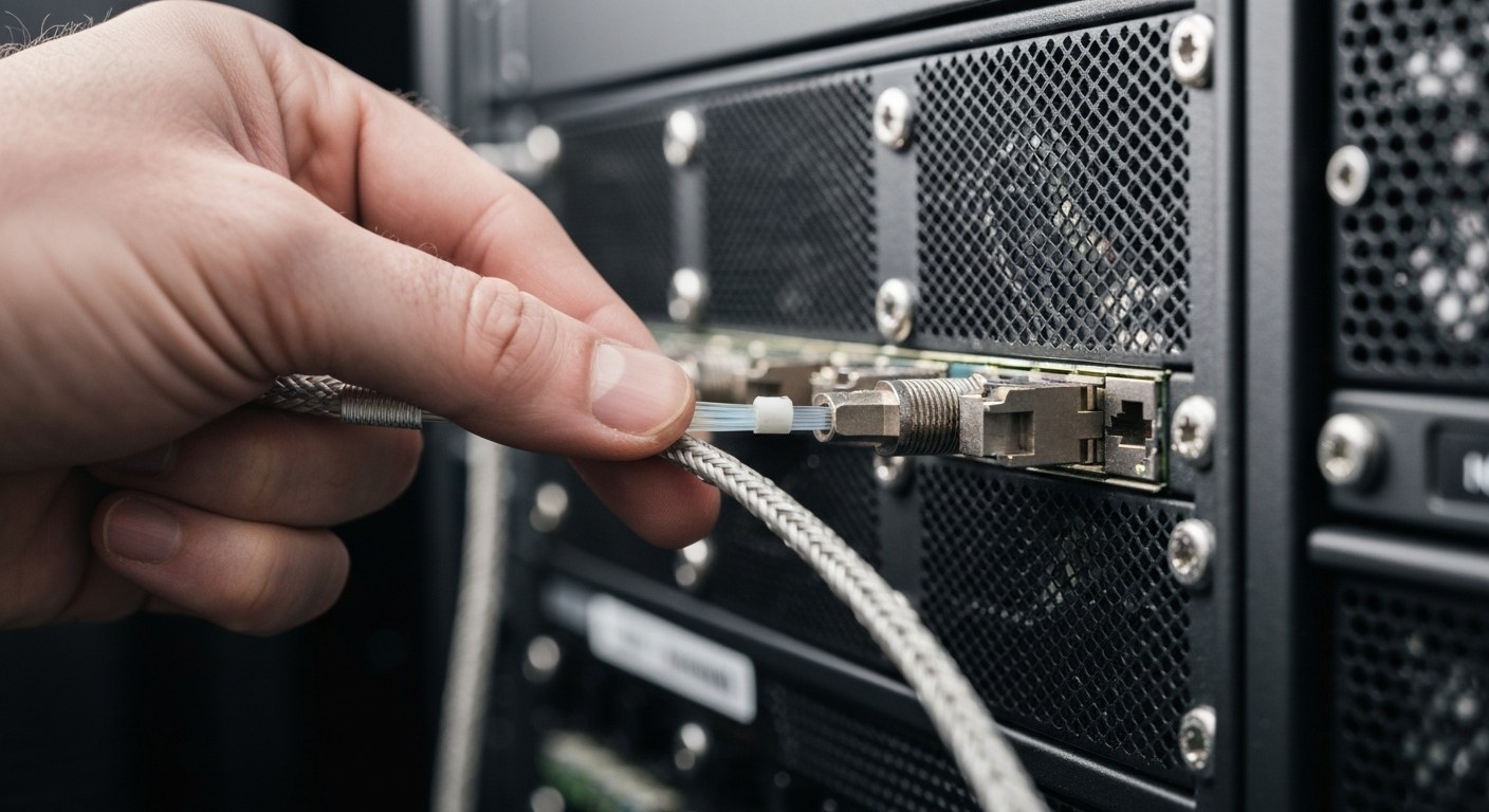Close-up of a hand connecting a fibre optic cable into a black server rack in a data centre.