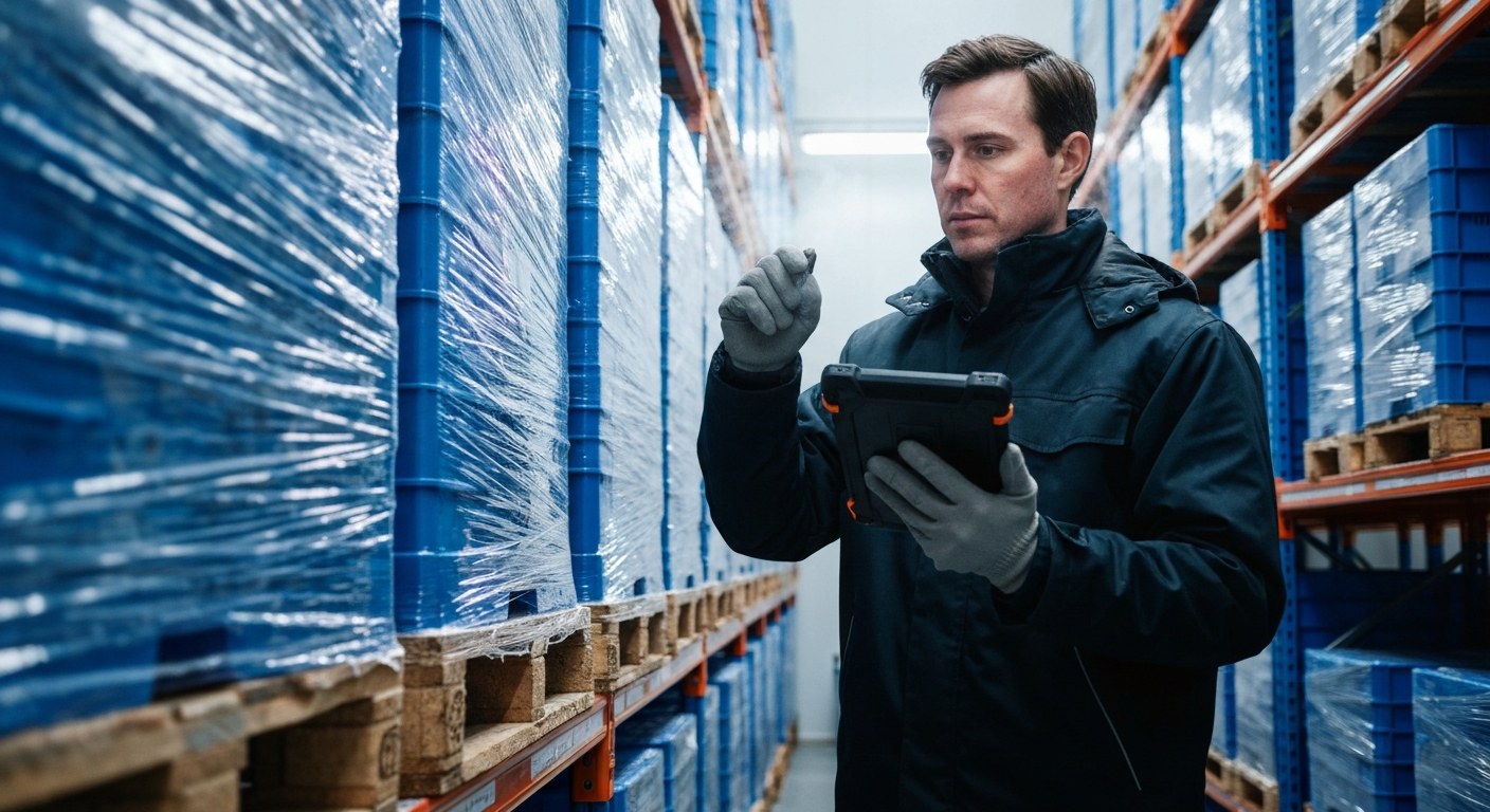 A technician in a thermal parka inspecting crates in a frost-covered cold storage warehouse facility.