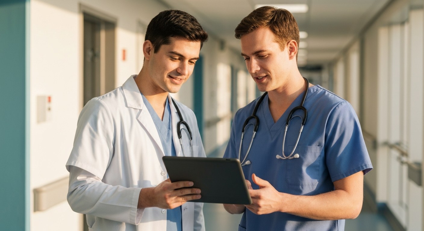 Collaborative Clinical Insight Two clinicians discussing patient data on a tablet in a hospital corridor.