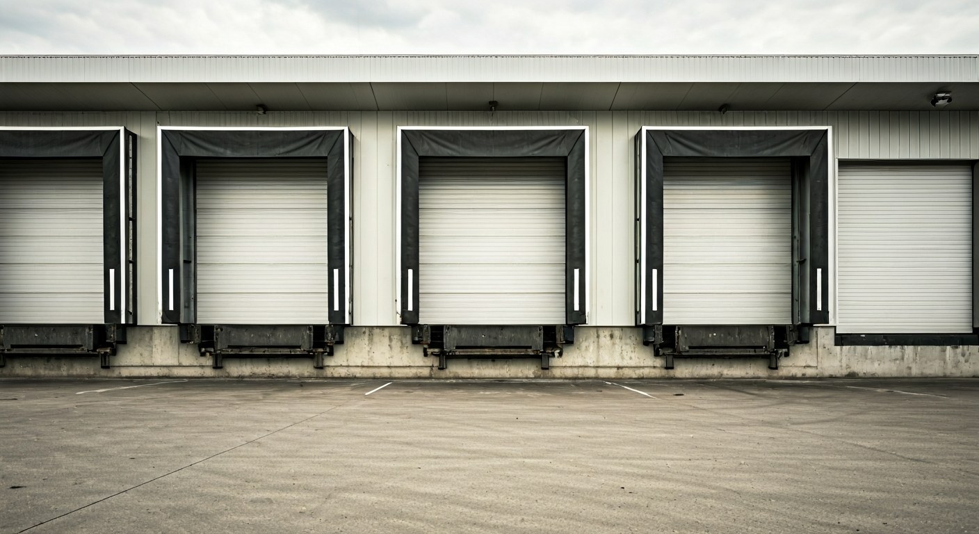 Warehouse Loading Dock Industrial loading dock with weathered concrete and large metal bay doors under an overcast sky.