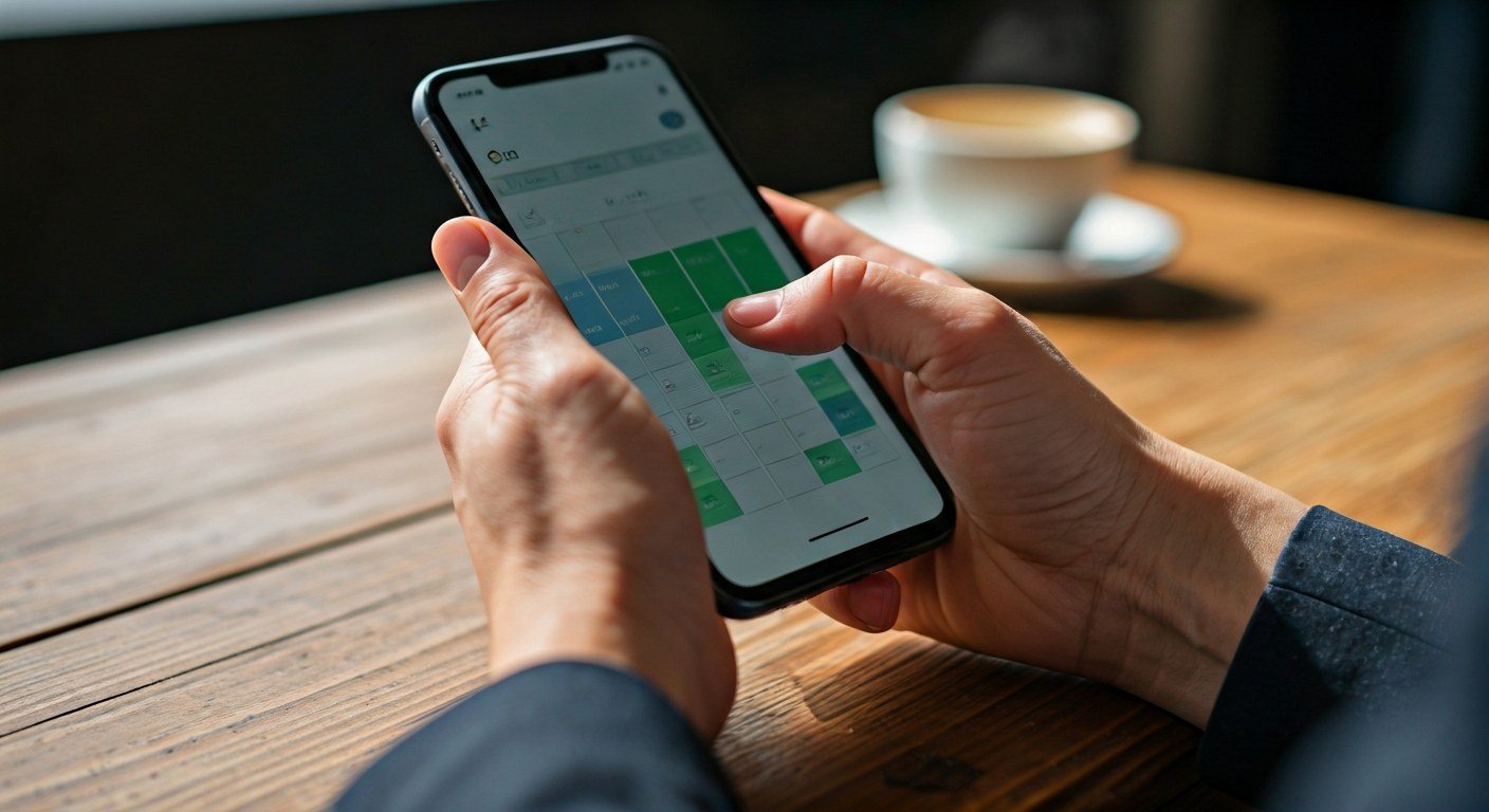 Close-up of hands holding a smartphone and scrolling through a digital work schedule on a wooden table.