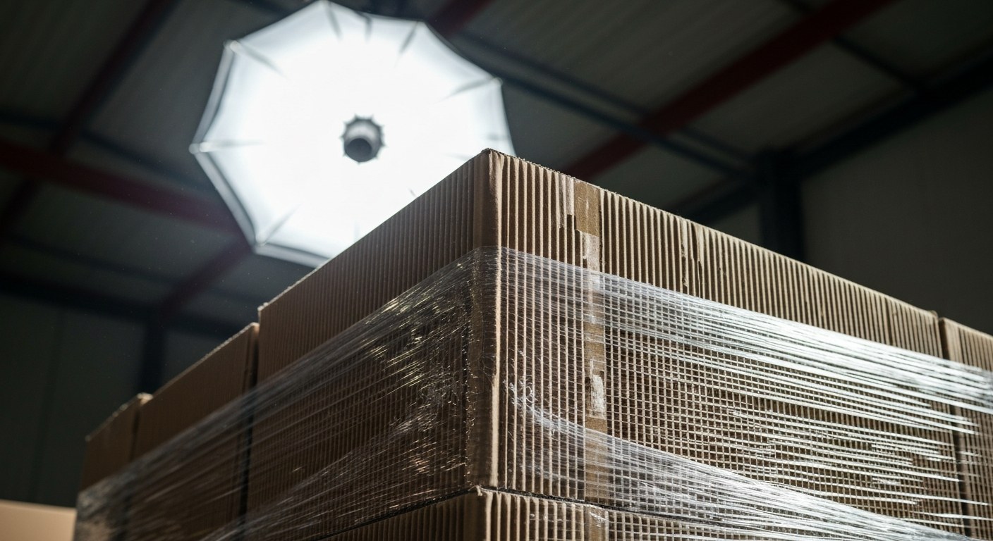 Unit Load Stabilization in Warehousing A stacked pallet of corrugated boxes in a warehouse, secured with clear plastic stretch wrap under professional lighting.