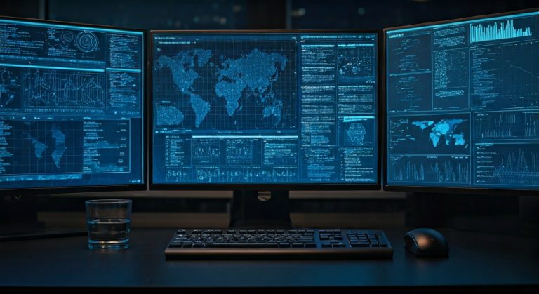 A high-tech security operations center with glowing blue monitors and a professional workstation in a dim room.