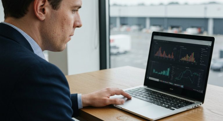 A data professional works at a laptop in a modern office with a blurred warehouse in the background.