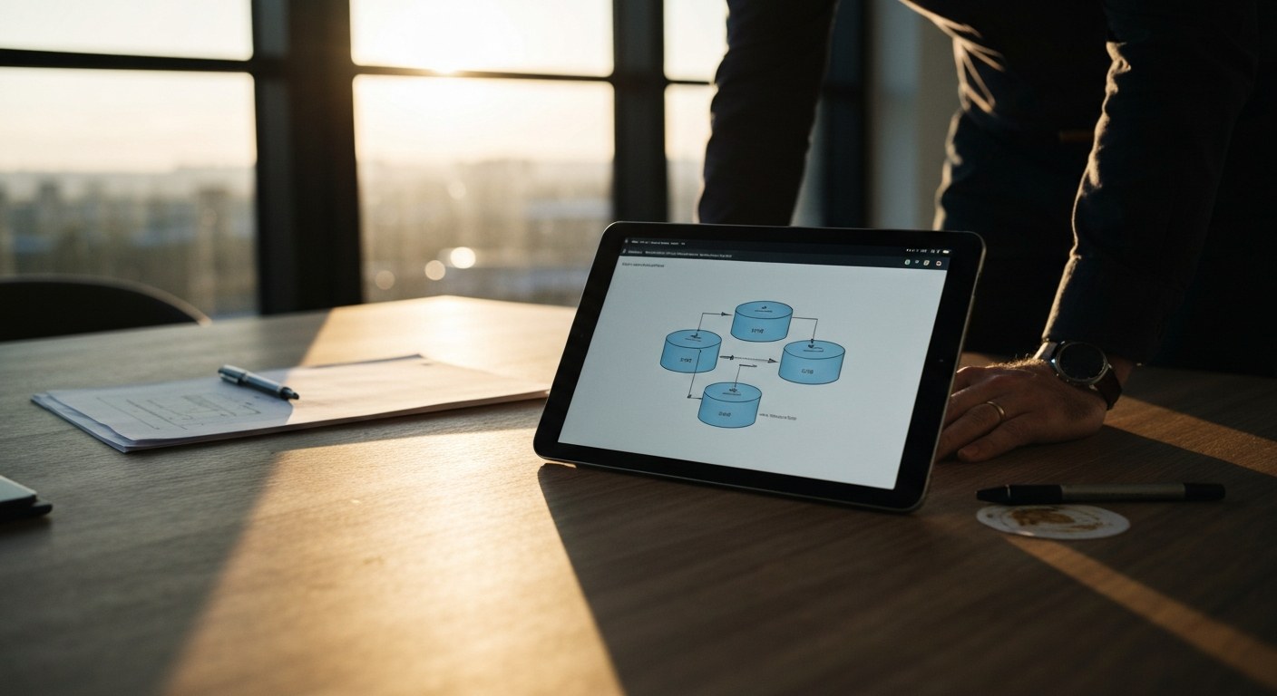 Data Architecture Strategic Planning A data architect reviews a three-tier warehouse diagram on a tablet during golden hour.