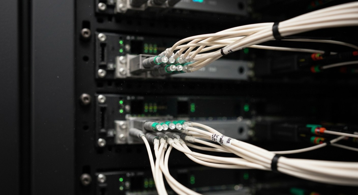 Data Infrastructure Connections Close-up of intricate fibre optic cabling in a data center, focus on connection points, shallow depth of field.