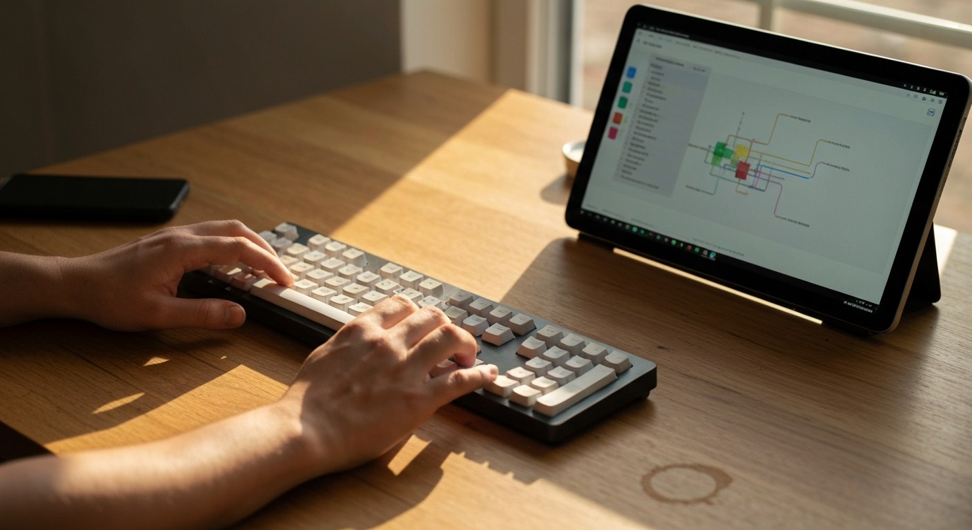 Engineer Building Modern ELT Pipelines A data engineer's hands typing on a keyboard next to a tablet showing a data flow diagram.