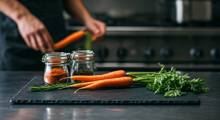 A chef organizes fresh raw vegetables on a slate kitchen counter, representing a data staging area.