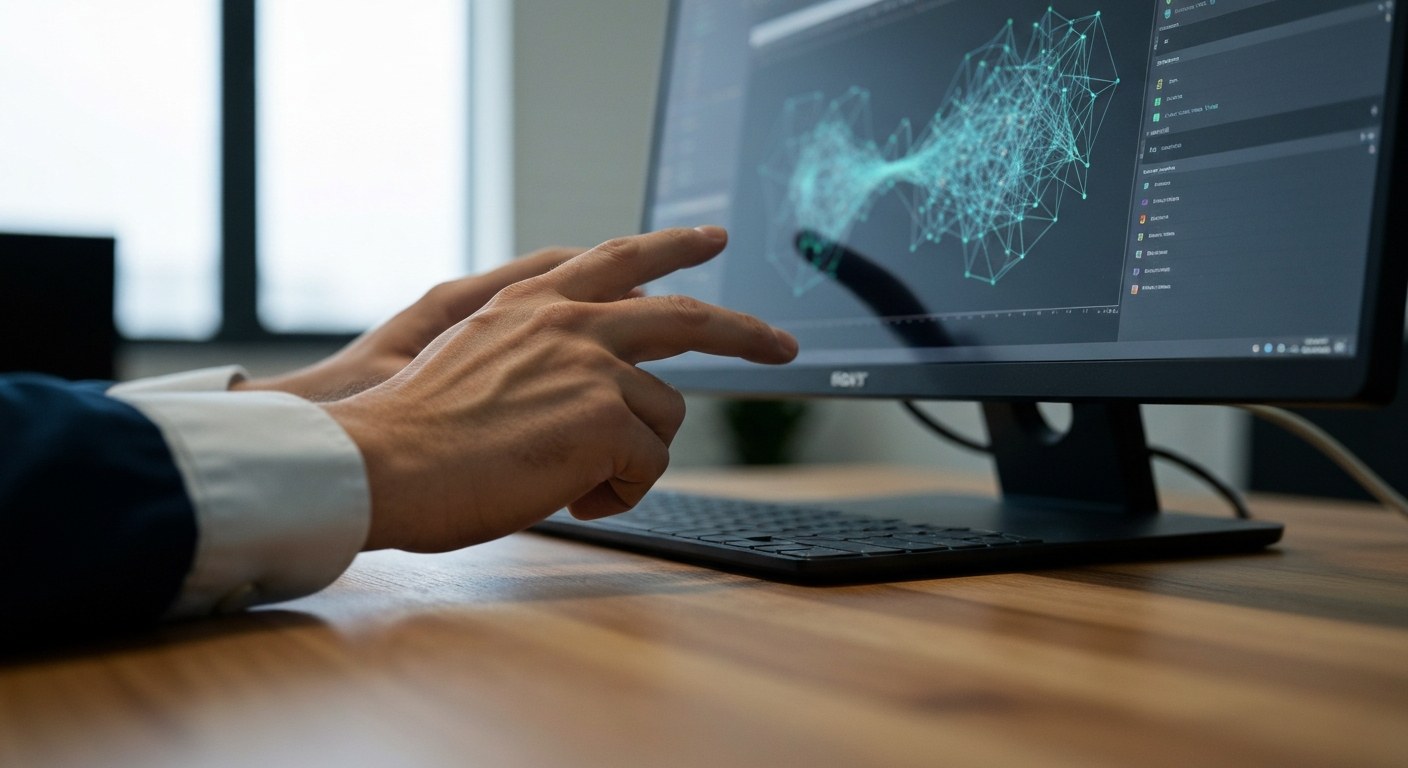 Data Scientist Analyzing Unstructured Data Lake Clusters Close-up of a researcher's hands at a desk with a monitor showing complex data visualizations in soft light.