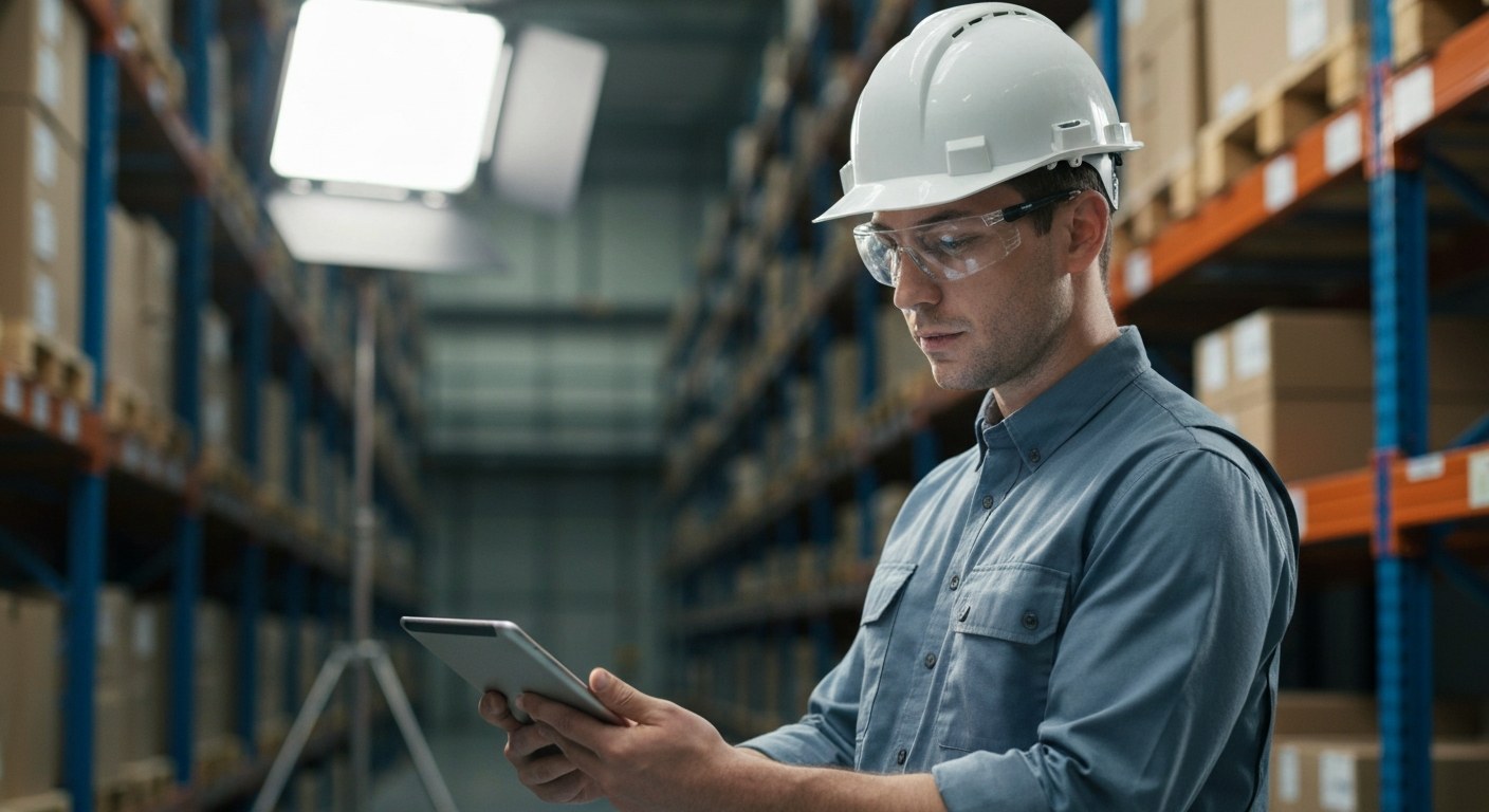 Modern Decentralized Logistics Operations Technician reviewing digital inventory on a tablet inside a modern distribution node.