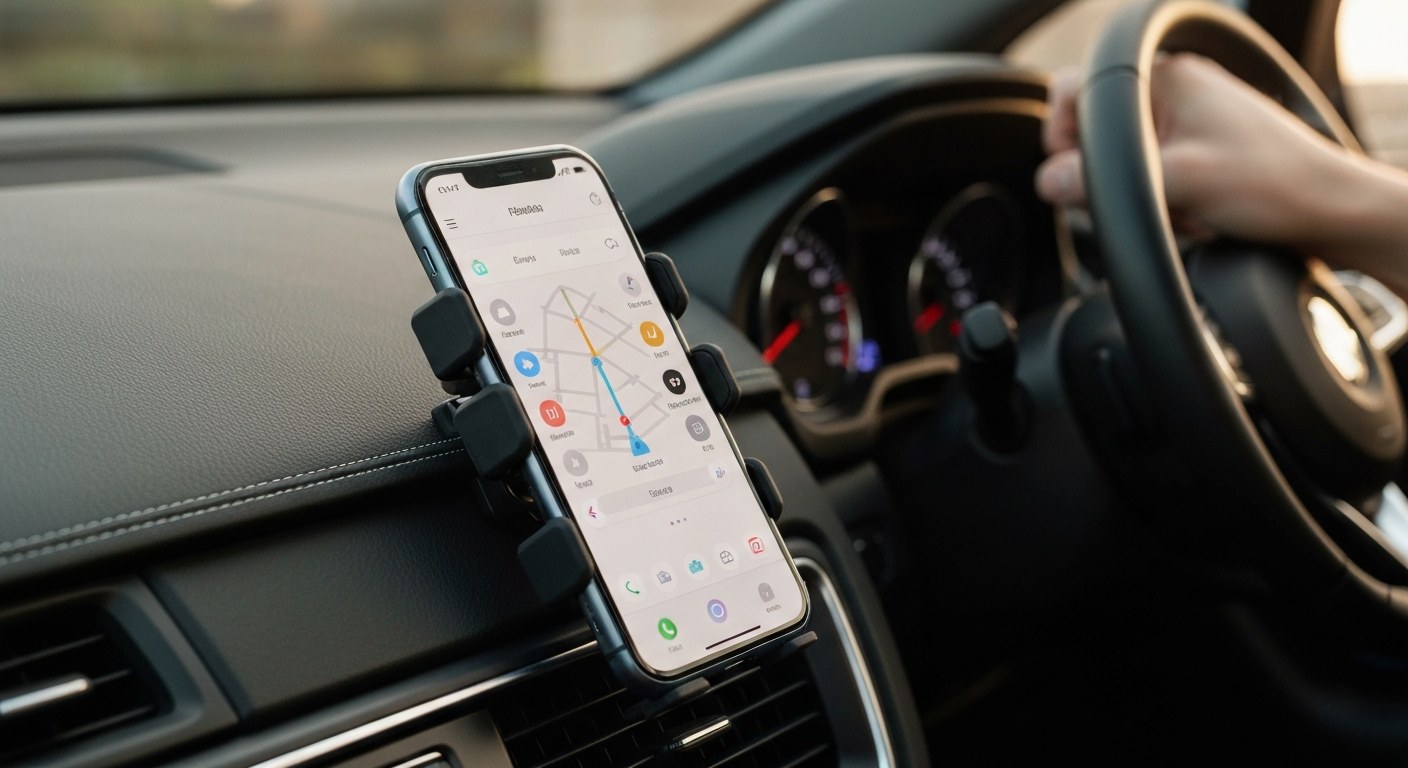 Smartphone Dashboard Mount for Delivery Drivers Close-up of a smartphone on a car dashboard showing a navigation app during golden hour.