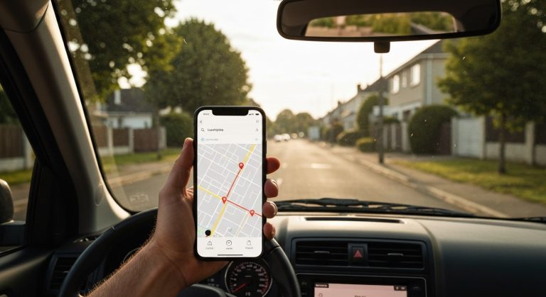A person holding a smartphone showing a delivery route inside a car parked on a suburban street at sunset.