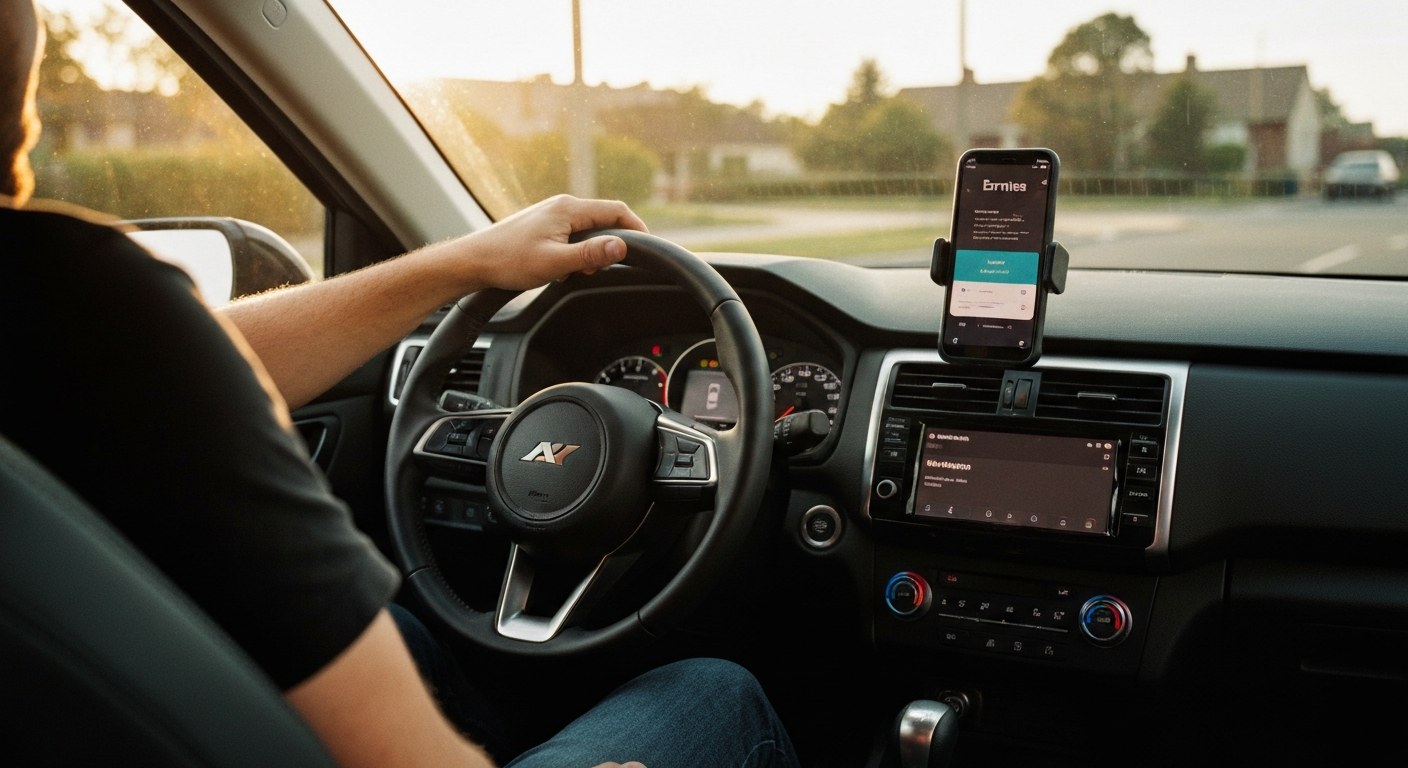 Delivery Driver Managing Daily Payouts A delivery driver sitting in a car during sunset, looking at a mounted phone showing earnings data with soft lighting.