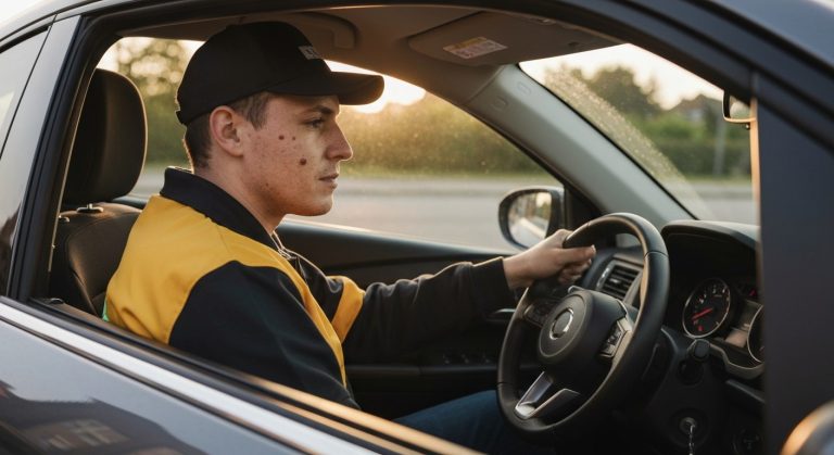 A delivery driver in a car checking their dashboard during golden hour with warm sunlight filtering through the window.