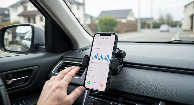 Amazon Flex Shifts: 2026 Ultimate Driver Guide (Expert) 5 A smartphone mounted on a car dashboard showing a delivery route map, with a driver's hand reaching for the screen.