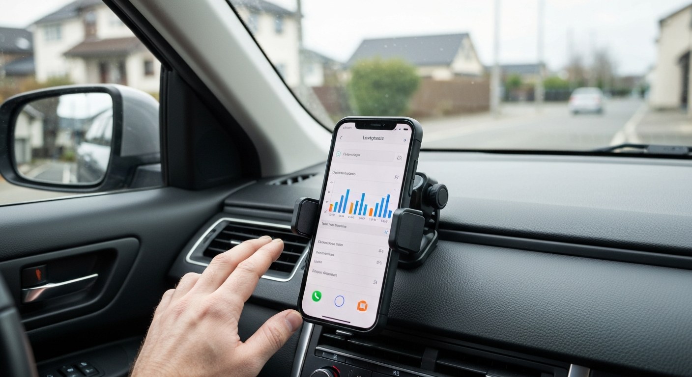 A smartphone mounted on a car dashboard showing a delivery route map, with a driver's hand reaching for the screen.