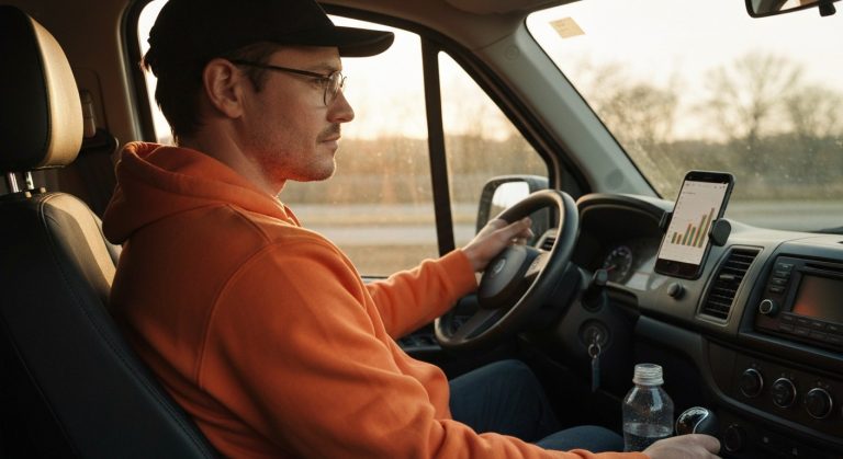Amazon Flex Payment Schedule: Get Paid Daily? (2026 Guide) 1 A delivery driver in a van looking at a smartphone dashboard during golden hour with soft sunlight.