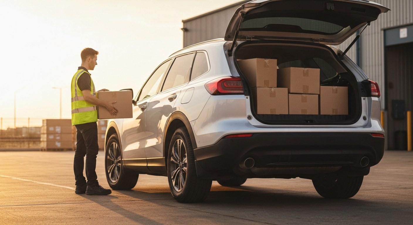 Delivery Partner Loading Packages at SSD Station A delivery driver loads cardboard boxes into the trunk of a car during sunset at a warehouse loading zone.
