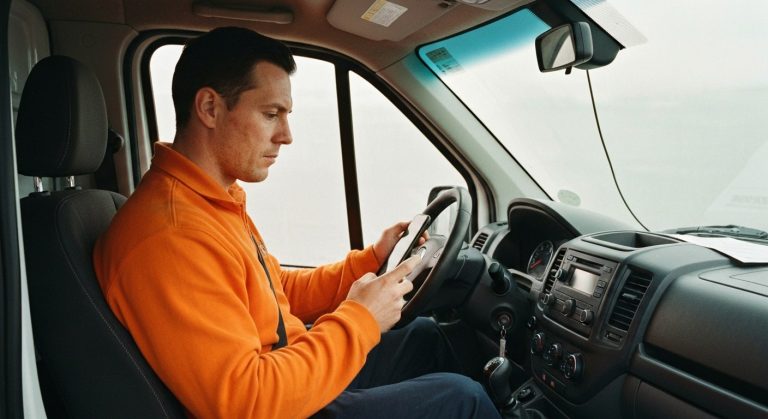 A delivery driver in a van looking at a smartphone with soft window lighting and realistic skin textures.