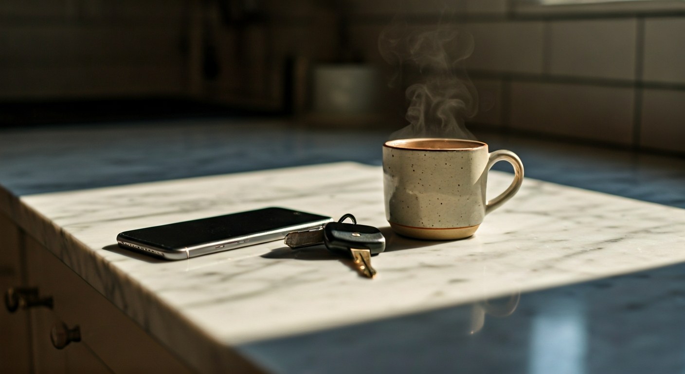Driver Readiness and Daily Routine Car keys, a cup of coffee, and a smartphone on a marble counter, symbolizing readiness for work.