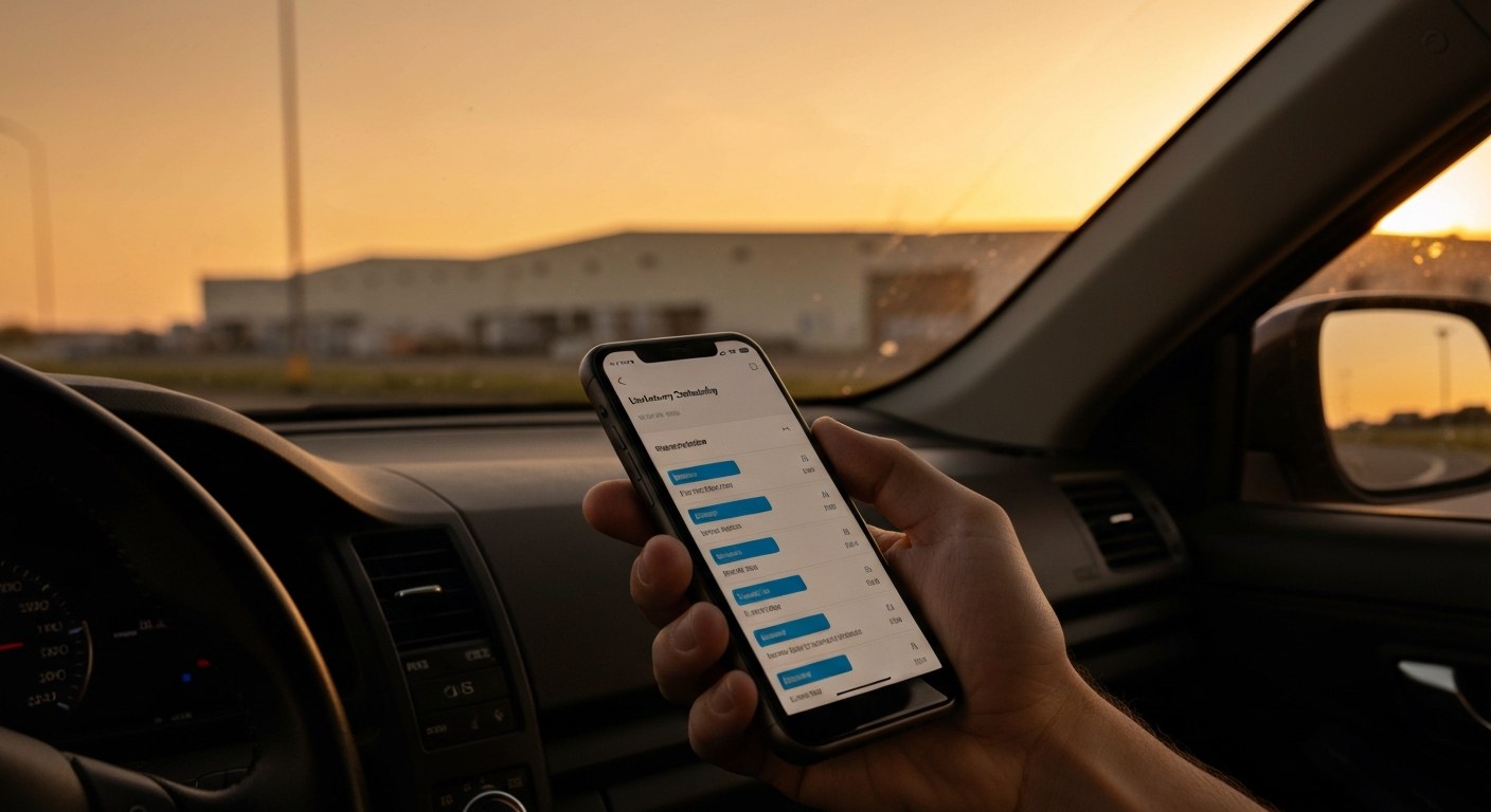 Managing Delivery Block Schedules A person holding a smartphone showing a delivery schedule inside a car during a golden hour sunset.