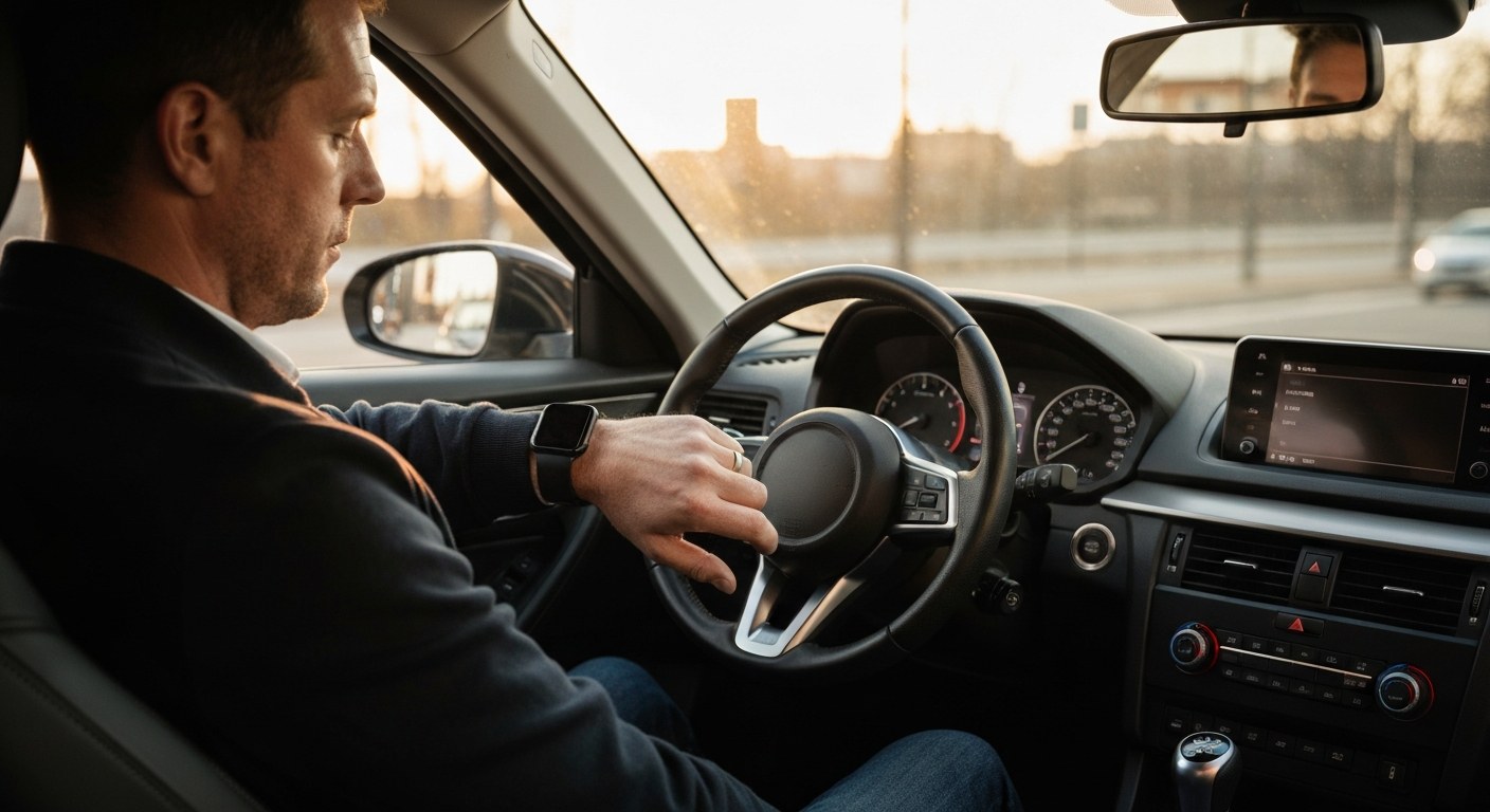 Delivery driver managing shift schedule A driver in a car checking his watch during golden hour, emphasizing the time-sensitive nature of delivery work.