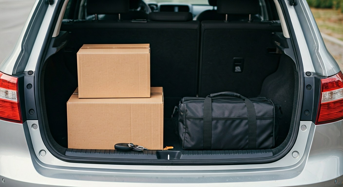 Organized Delivery Vehicle for Rapid Fulfillment The open trunk of a silver hatchback car organized with multiple shipping boxes and delivery gear.