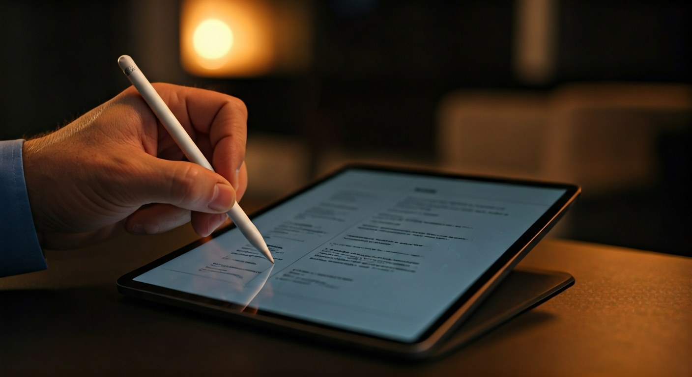 Digital Resume Screening Process Close-up of a hand using a stylus to scroll through a resume on a digital tablet screen.