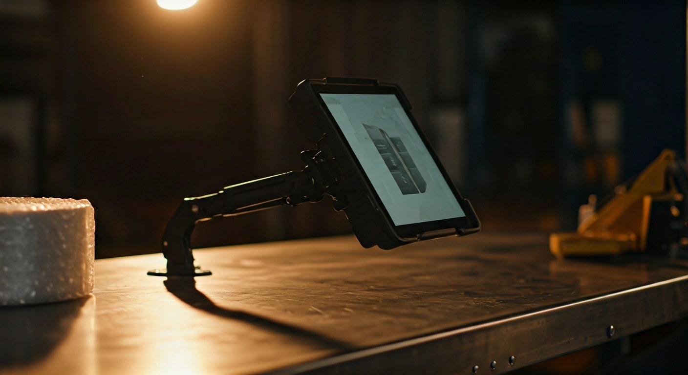 A rugged digital tablet mounted on an industrial packing table for real-time warehouse data tracking.