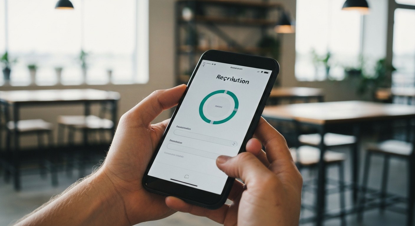 Close-up of a person's hands holding a smartphone displaying a job application progress screen.