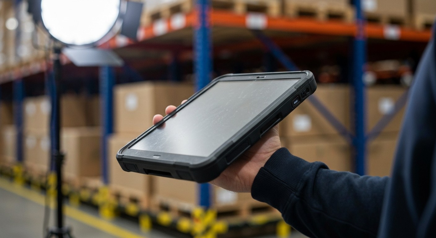 Close-up of a worker's hand holding a tablet in a warehouse, showing a digital logistics dashboard.